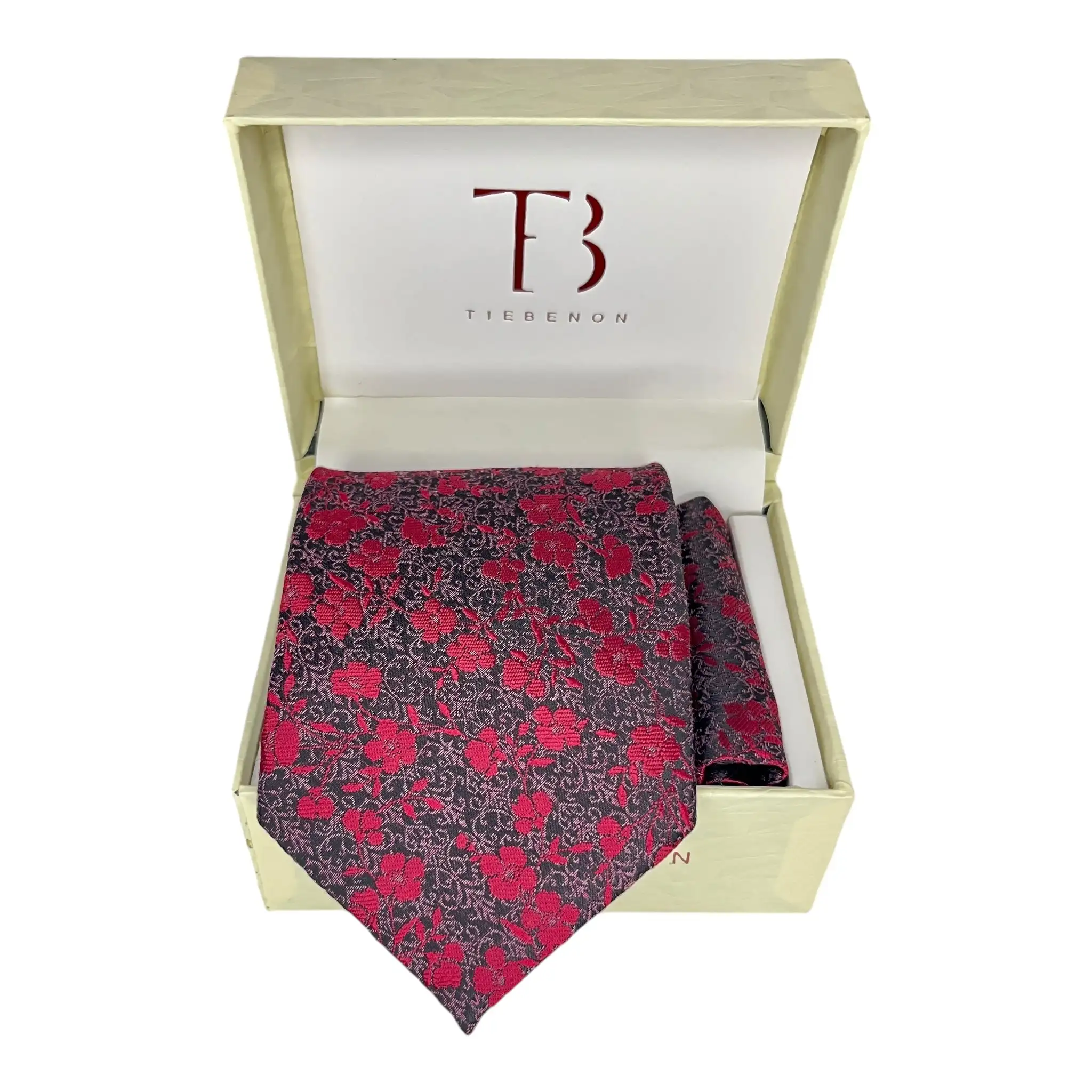 Tie Benon Floral Broad Cashmere Clothing Accessories Combo Tie and Pocket Square in Maroon/Silver/Dark Grey