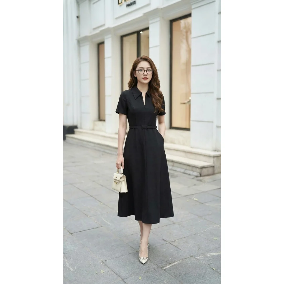 Elegant Women Office Midi Dress With Belt Short Sleeve A Line Black Formal Dress High Grade Women Dresses