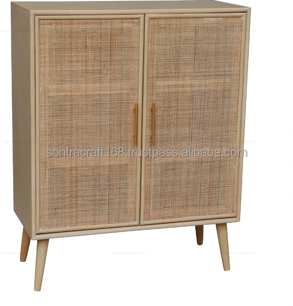 Traditional 2 Door Rattan Cane Wooden Tall Display Cabinet Storage With ...