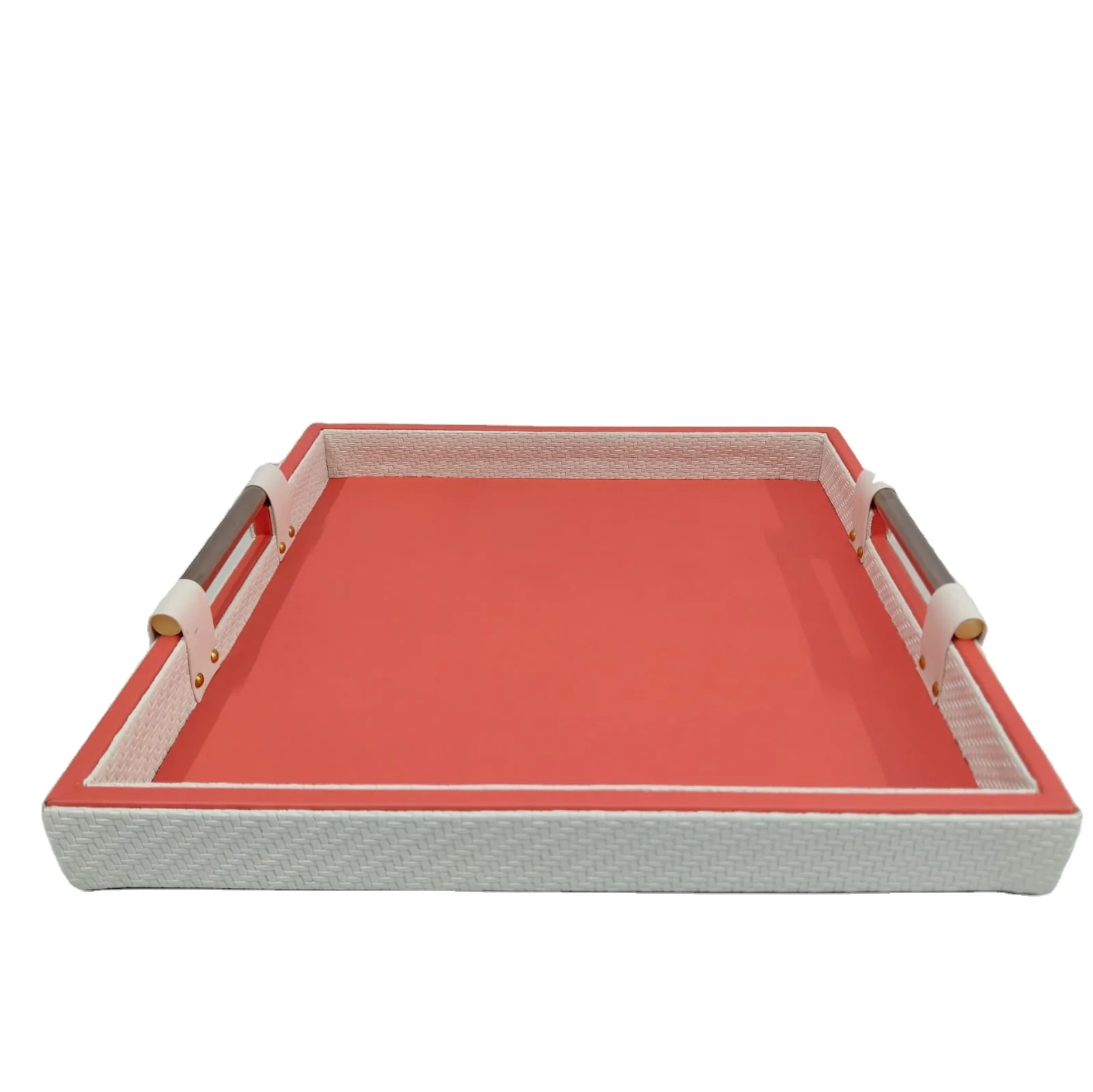 Элегантный розовый и белый кожаный квадратный поднос со стальной полированной ручкой посуда для свадеб