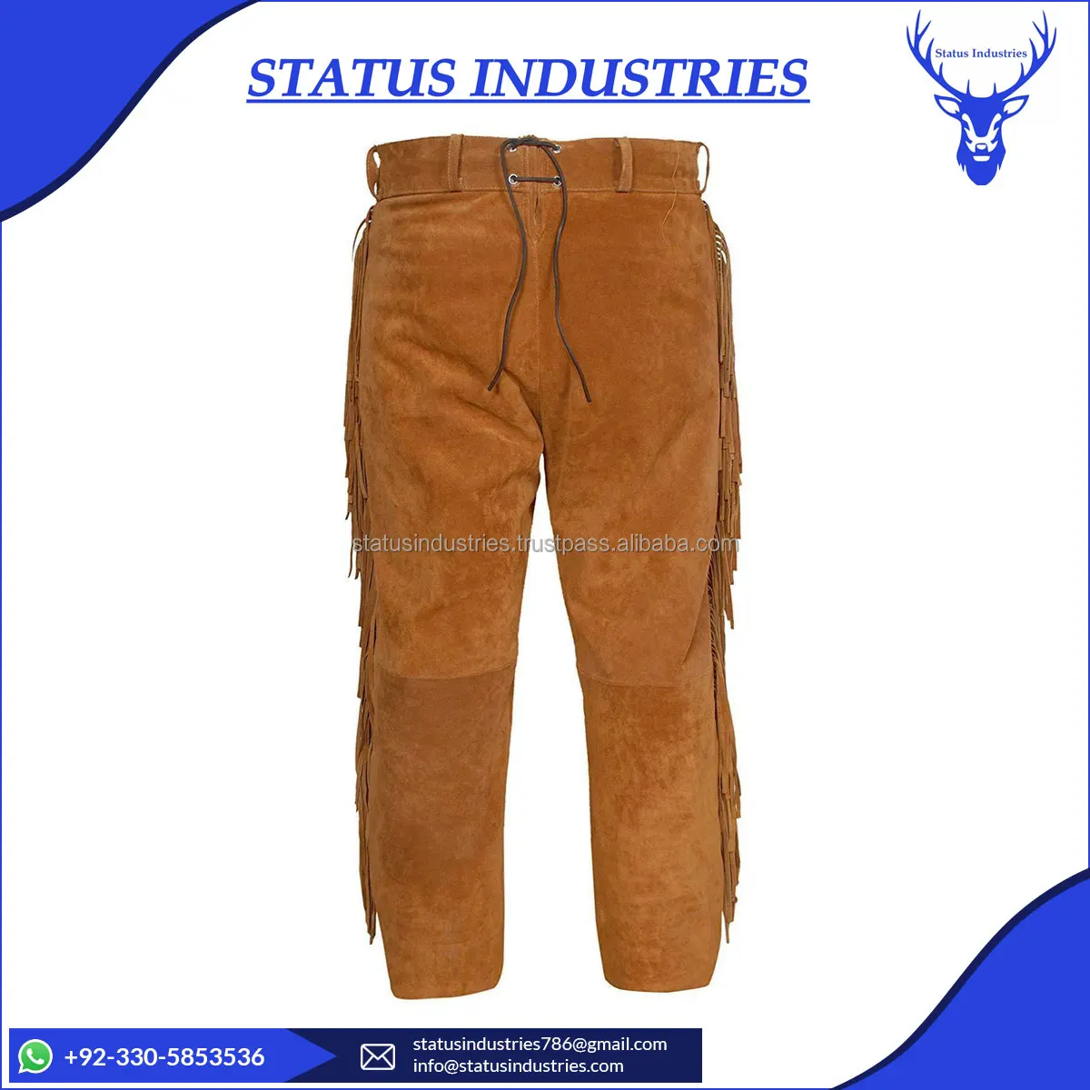 Brown Men Suede Western Style Cowboy Leather Pant With Fringe & Bead