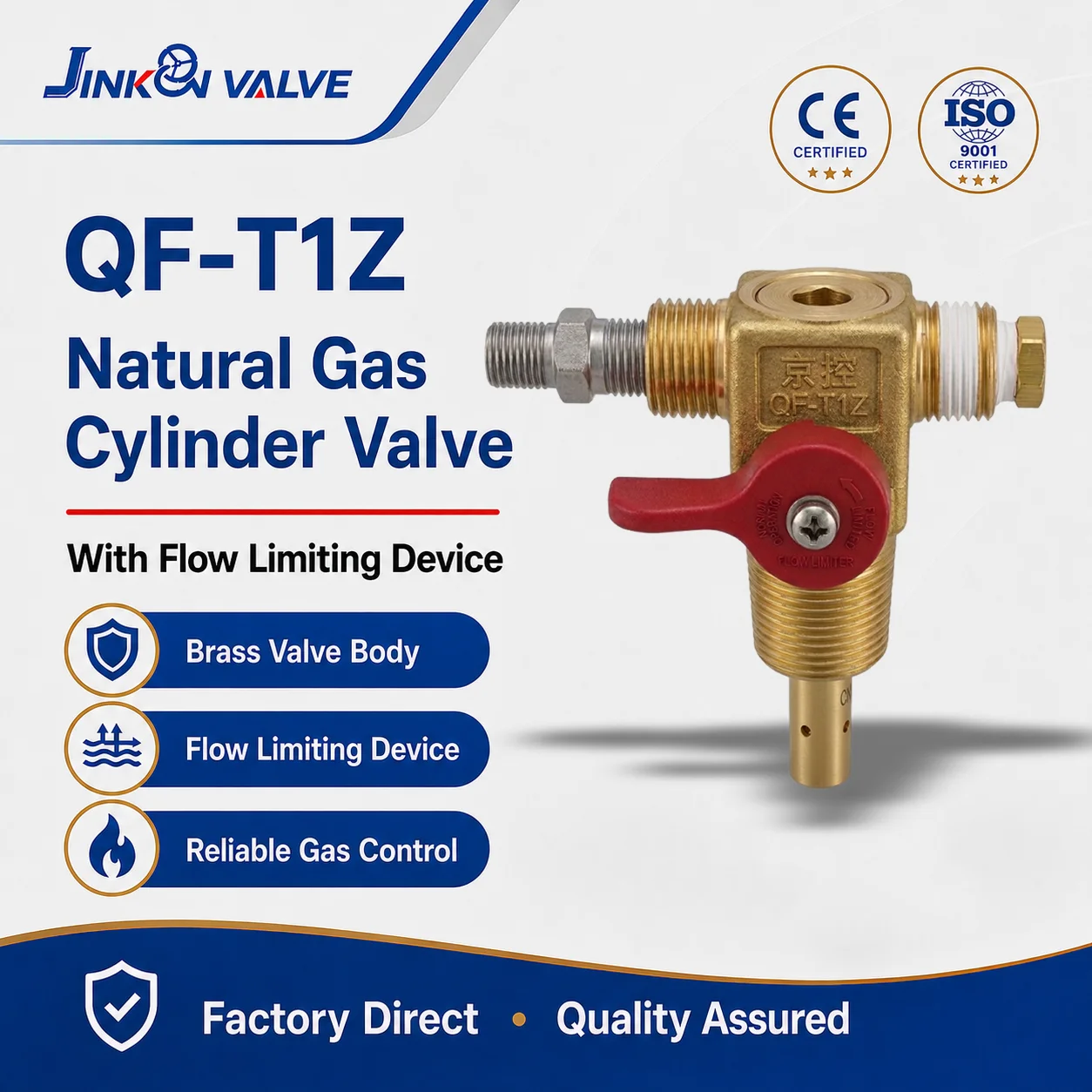 JINKON VALVE QF-T1Z Natural Gas Cylinder Valve Brass CNG LPG Gas Valve Flow Limiting Device 20MPa High Pressure Safety Valve