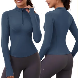 Yoga Half Zipper Pullover Slim Fit Light Weight Nylon Four Way Stretch Training Athletic With Thumbholes Women Sports Wear