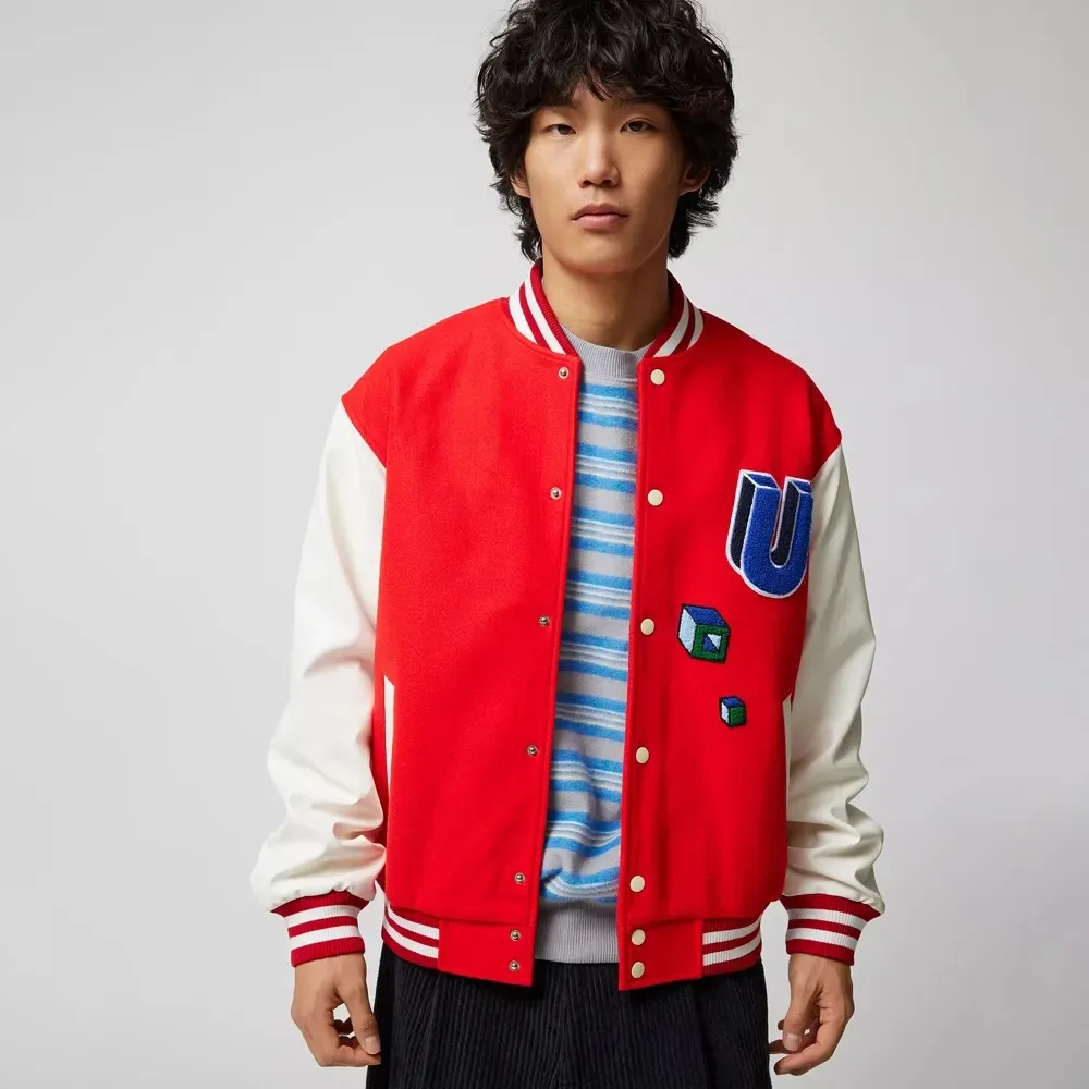 2022 Hot Trending Letterman Varsity Jackets Red Wool Leather with Custom Chenille Patches Stand Collar Canvas for Winter