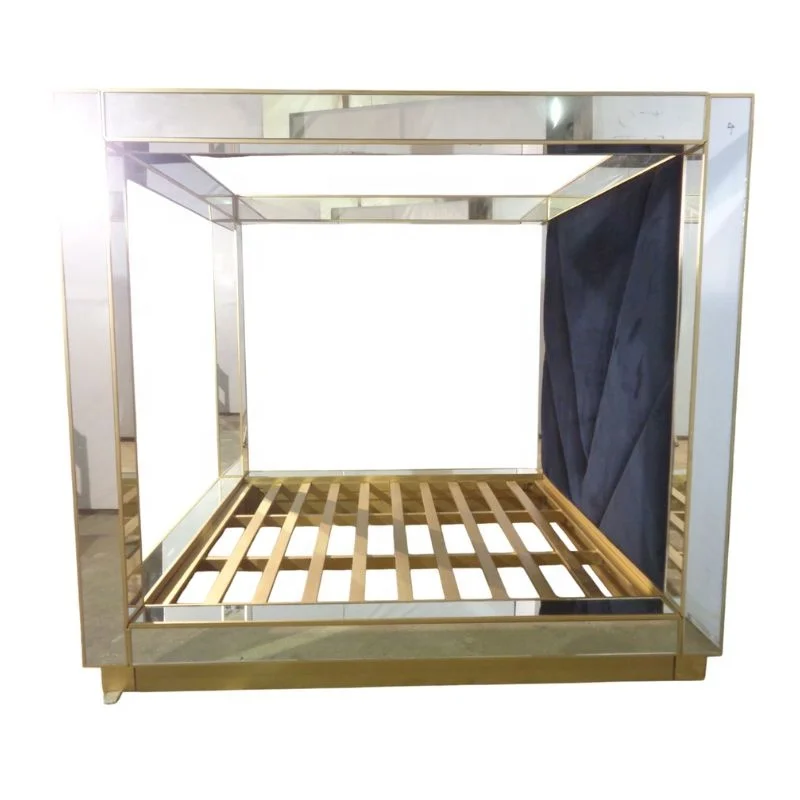 Mirrored Canopy Bed Frame Finished in Glass Panels and Silver Wood for Luxury Modern Minimalist Bedroom and Hotel Furniture