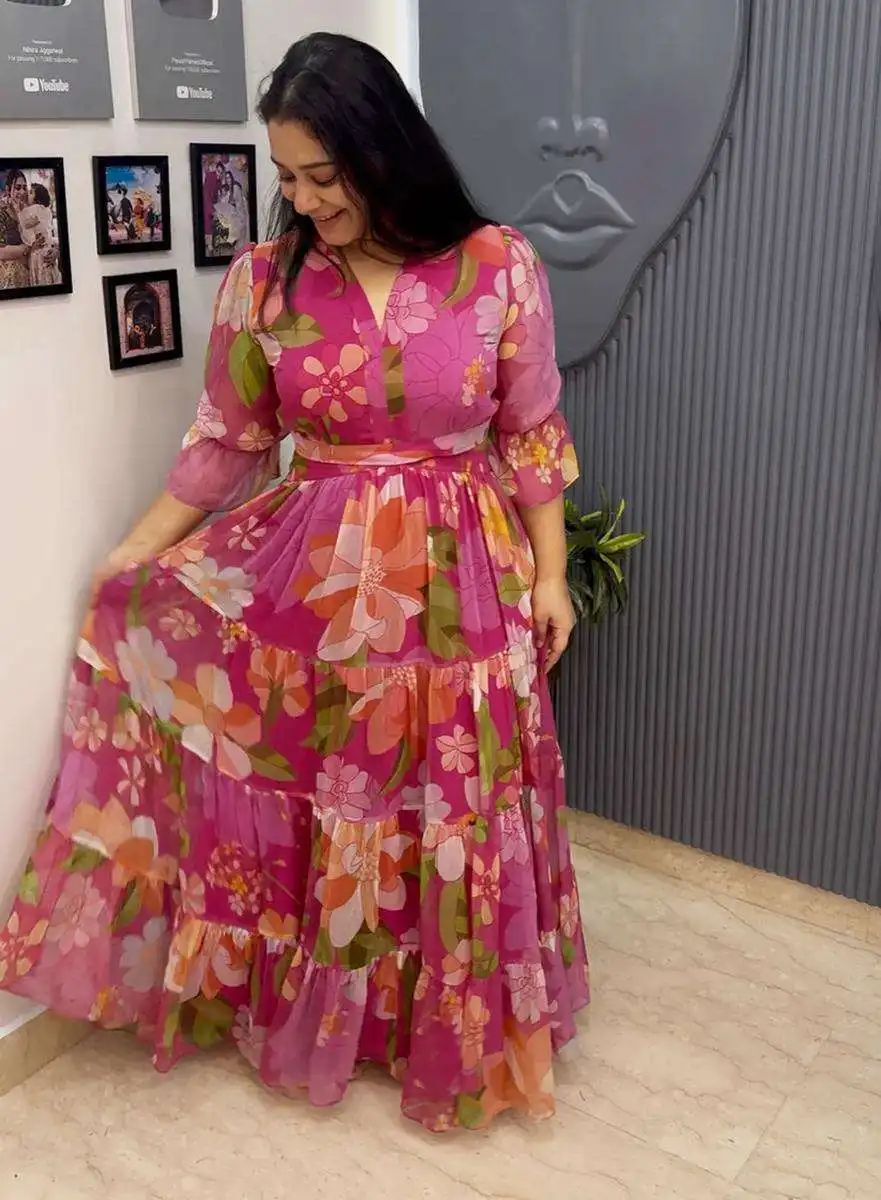 indian inspired midi dress Mustard Yellow & Blue Floral Crepe Empire Midi Dress L