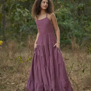 Women Summer Casual Loose Sleeveless Spaghetti Strap Asymmetric Dark Purple Tiered Beach Maxi Long Dress