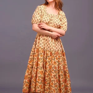 Hand Block Printed Cotton Maxi Dress Handmade Floral Print on Winter and Autumn Season Nonwoven Weaving Method