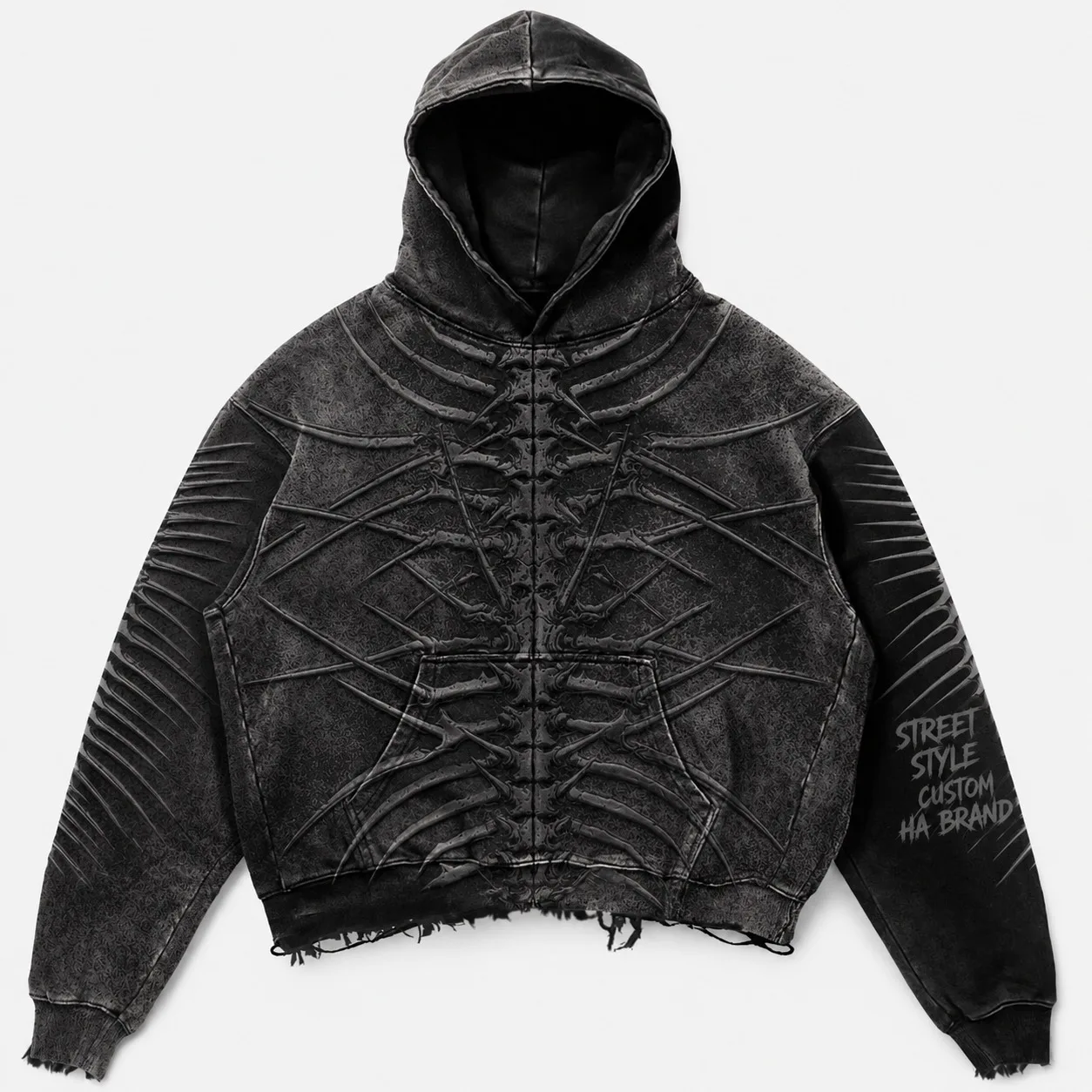 Custom Distressed Acid Wash Embroidered Skeleton Bone Embossed Graphic Fleece Pullover Hoodie Oversized Raw Hem Street Style