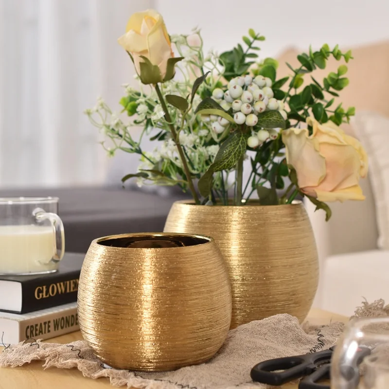 Nordic Display Ceramic Flowerpot Plant Vase Gold Plated Wire-drawing for Living Room Decoration