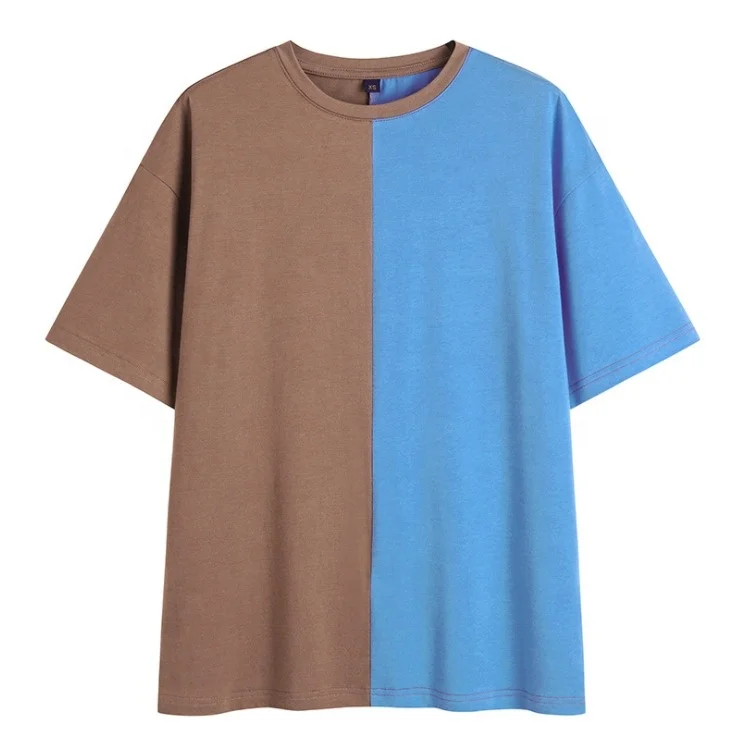 Source men split two tone color block short sleeve tshirt split color tee  with custom logo hip hop casual long line cotton t-shirt on m.