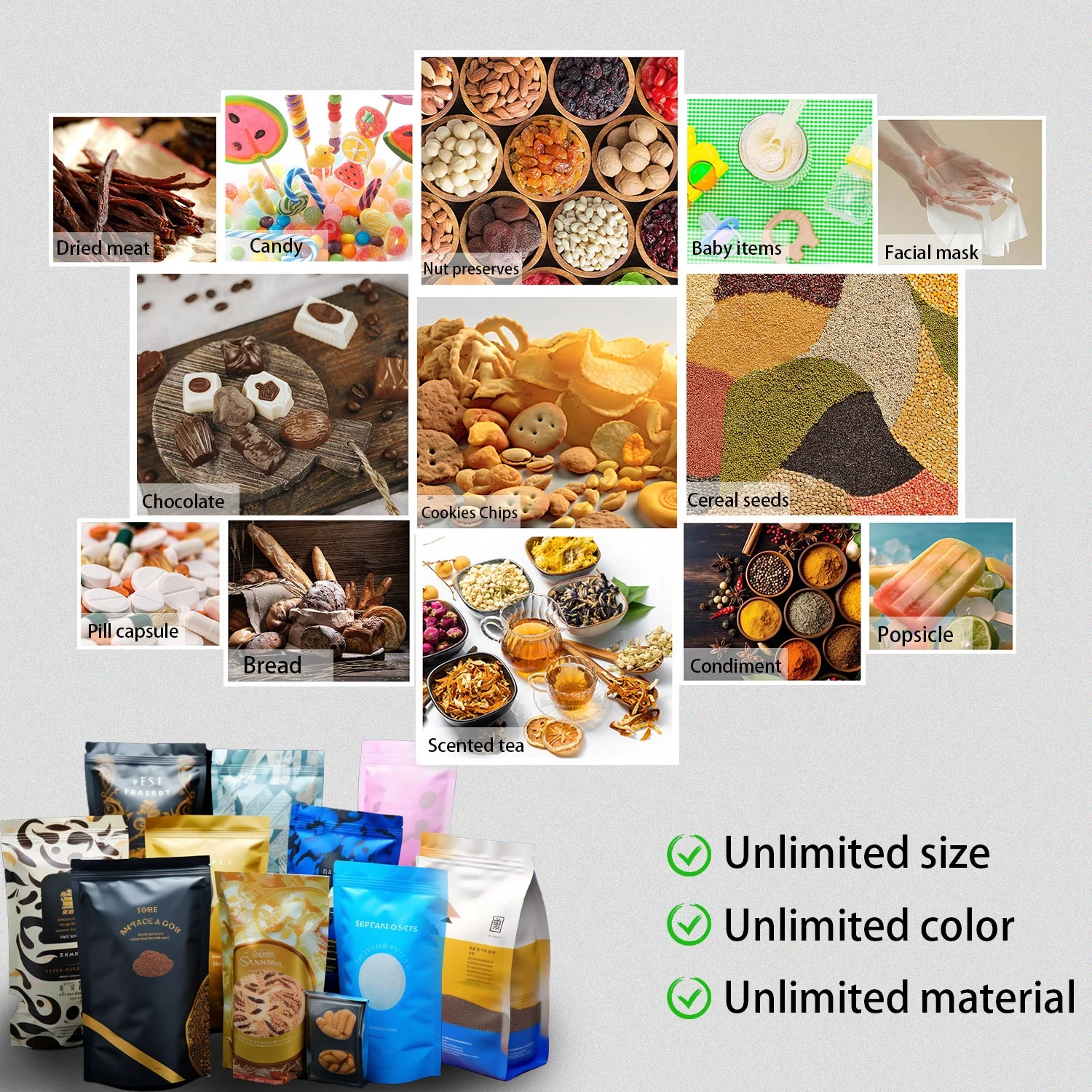 Custom logo Biodegradable Recycled Stand up Pouches Dry Food Packaging Herbs and Spices 3g 7g 14g Zip Lock Mylar Bag