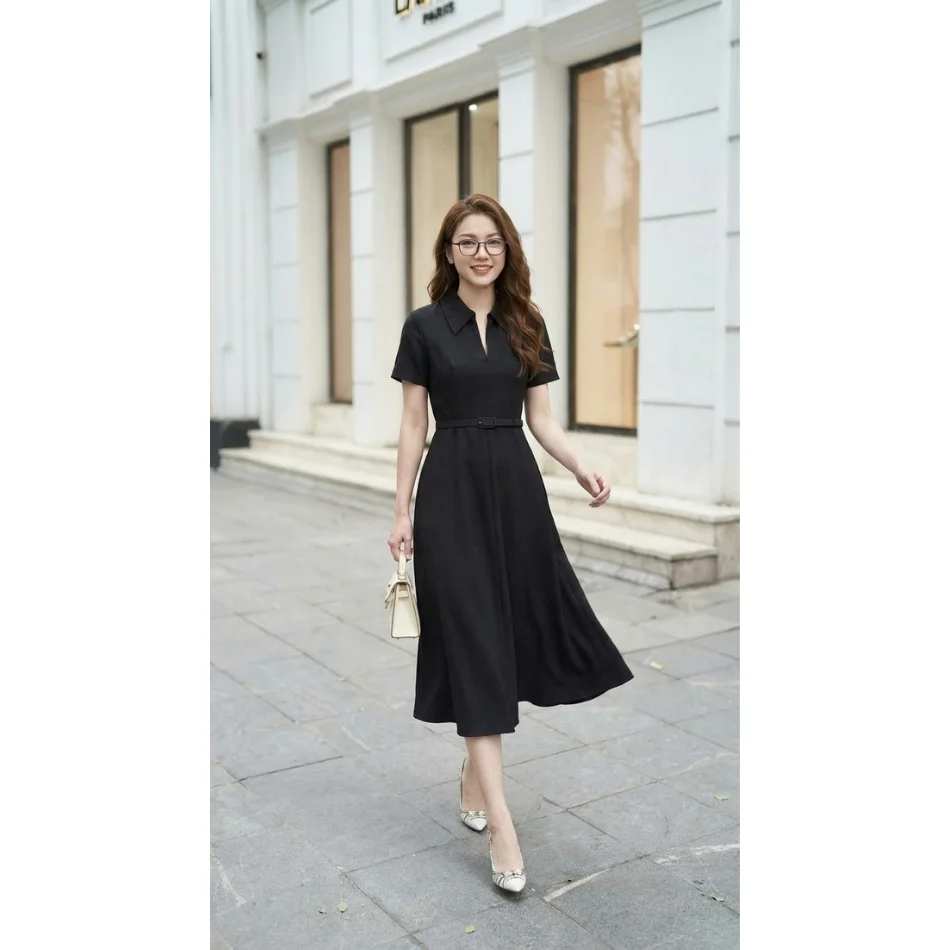 Elegant Women Office Midi Dress With Belt Short Sleeve A Line Black Formal Dress High Grade Women Dresses
