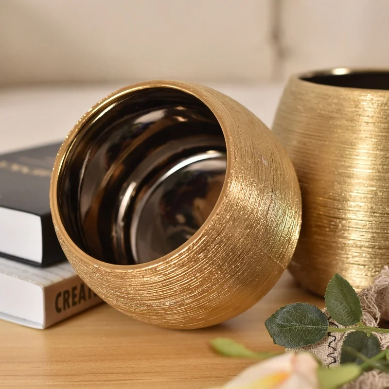Nordic Display Ceramic Flowerpot Plant Vase Gold Plated Wire-drawing for Living Room Decoration