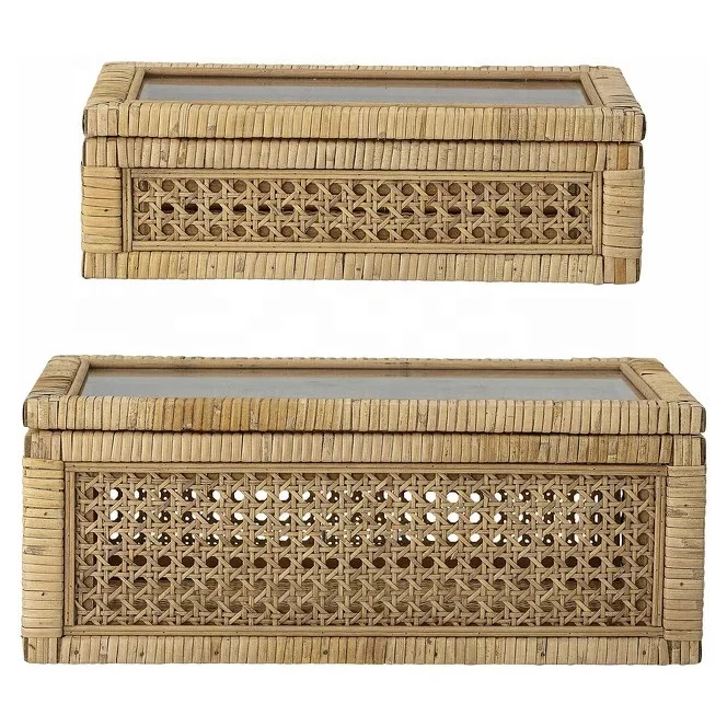 Antique Cane And Rattan Display Boxes With Glass Lid Woven Rattan