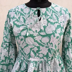 Casual Summer Cotton Blouse Mandarin Collar Long Sleeve Hand Block Printed Floral Design Tank Top For Women