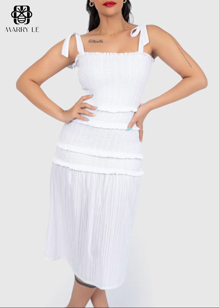 Pure White Dress In Linen Shirred Dress Wholesale Women Clothing Oem