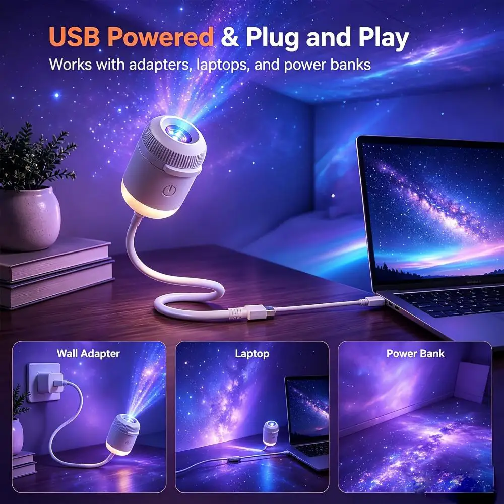 2026 USB Powered ABS LED Night Light Projector Galaxy Star Nebula Aurora Sky Dynamic Rotating Light for Kids Bedroom