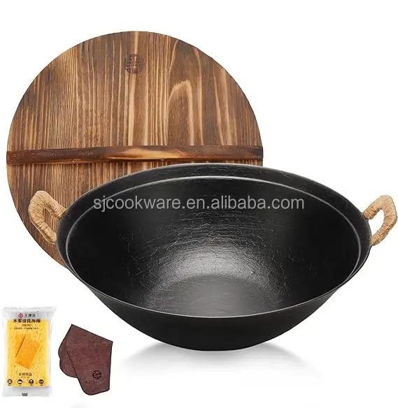 Customized Double Ji Cast Iron Wok Pan Flat Bottom Iron Woks Nonstick