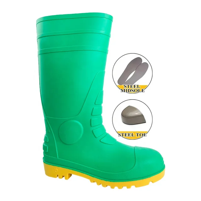 Wholesale Sample Free Safety Rain Shoes Botas De Lluvia Chemical Industry Impact Proof Anti-Acid Steel Toe Green PVC Water Boots