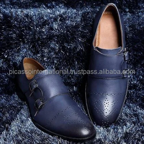 Double Blue Monk Strap Designer Casual Wear Oxford Trendy Office Business Genuine Leather Formal Shoes from Indian Supplier