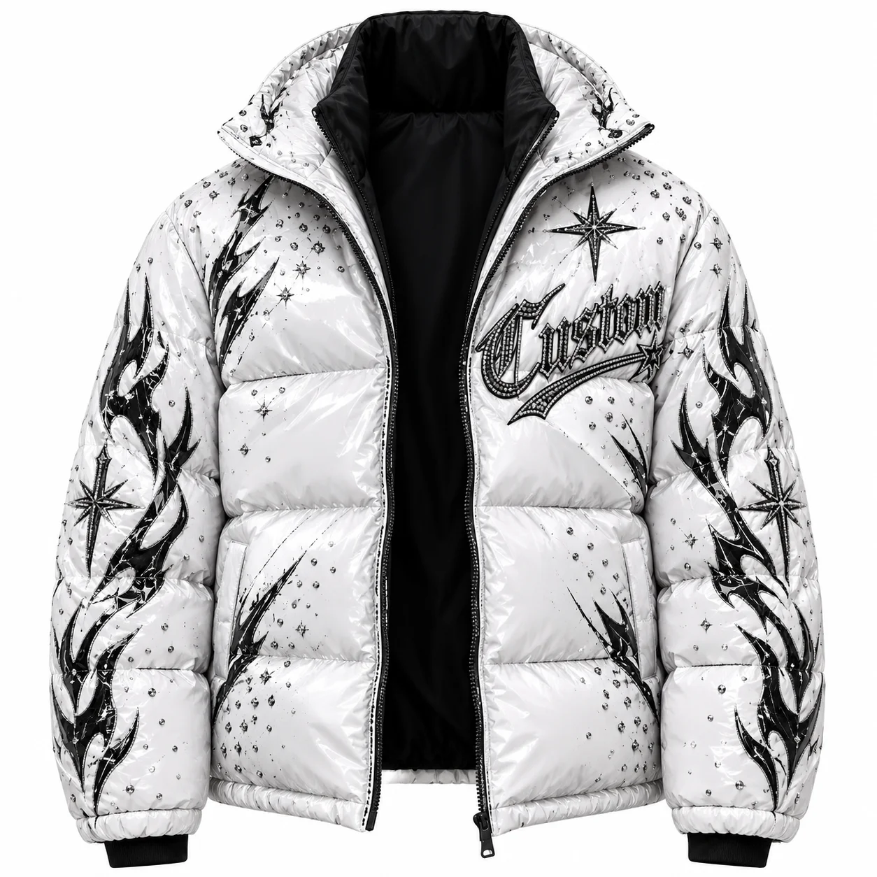 Custom White Puffer Jacket With Black Graphic Star Print Zipper Hooded Design Long Sleeve Winter Outerwear Warm