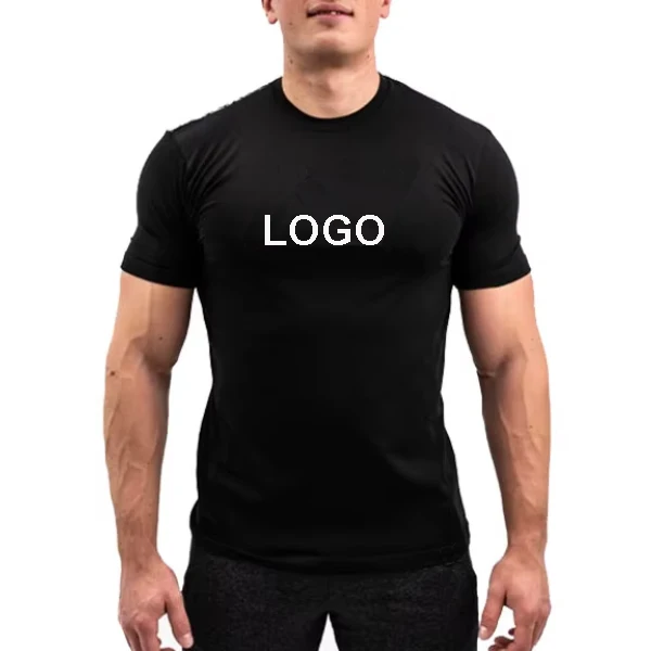 Custom Printing Stretch Breathable Grip Men's Slim Fit T-Shirts 90% Cotton 10% Spandex Sporty Gym Wear in Black Spring Season