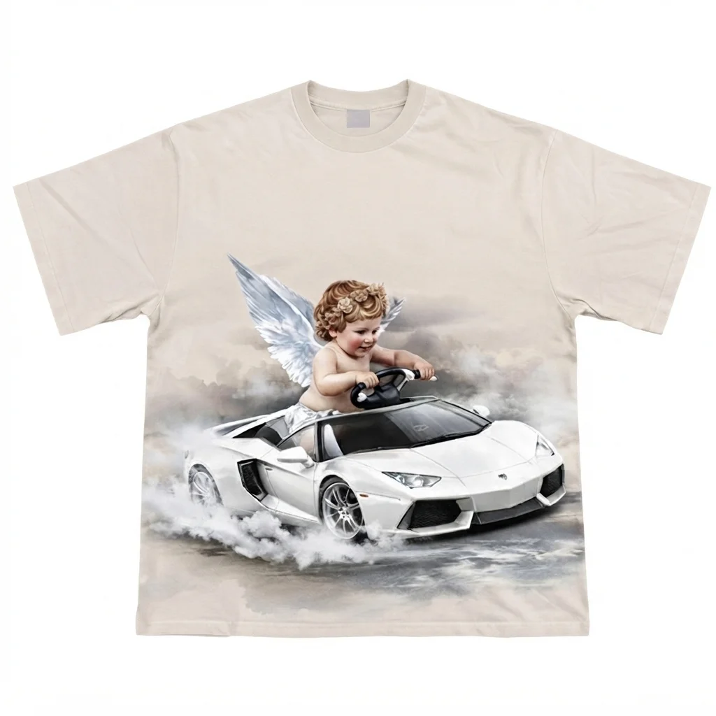 Custom White Sports Car Printed O Neck T Shirt 100% Cotton Jersey Fabric Trendy Style Short Sleeve T shirt For Unisex Wear