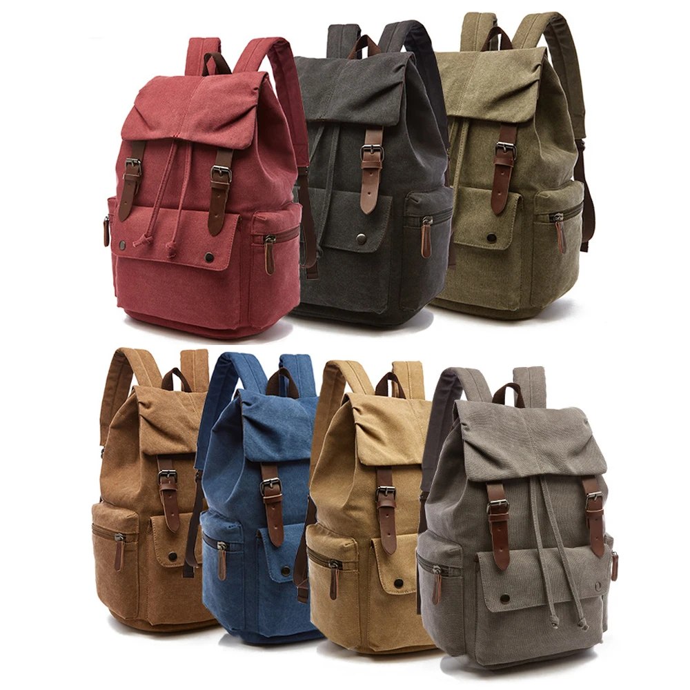 ZUOLUNDUO Solid Color Vintage Canvas Backpack Drawstring Fashionable Portable Leisure Bag for Men Women for Outdoor Adventures