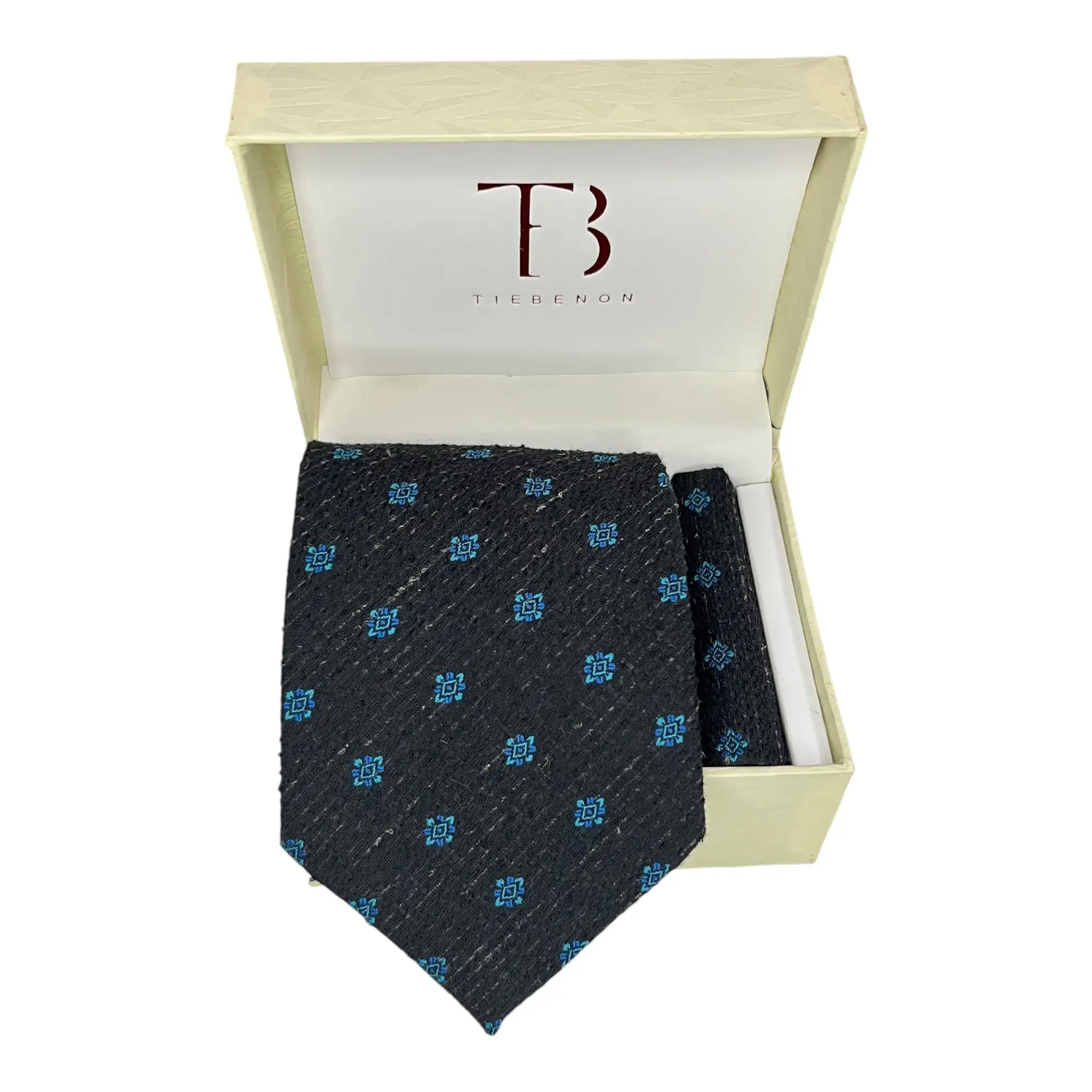 Tie Benon Black Geometric Broad Cashmere Tie and Pocket Square Combo for Groom Wear