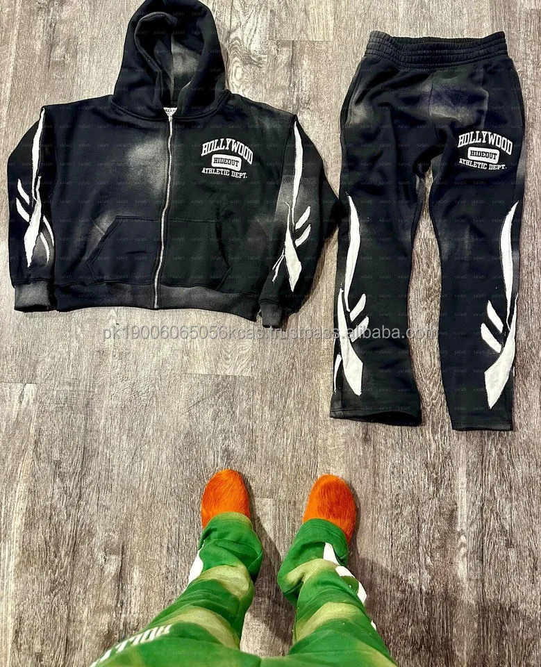 Custom Applique Patches Embroidery Jogger Tracksuit Men's Acid Wash Sun