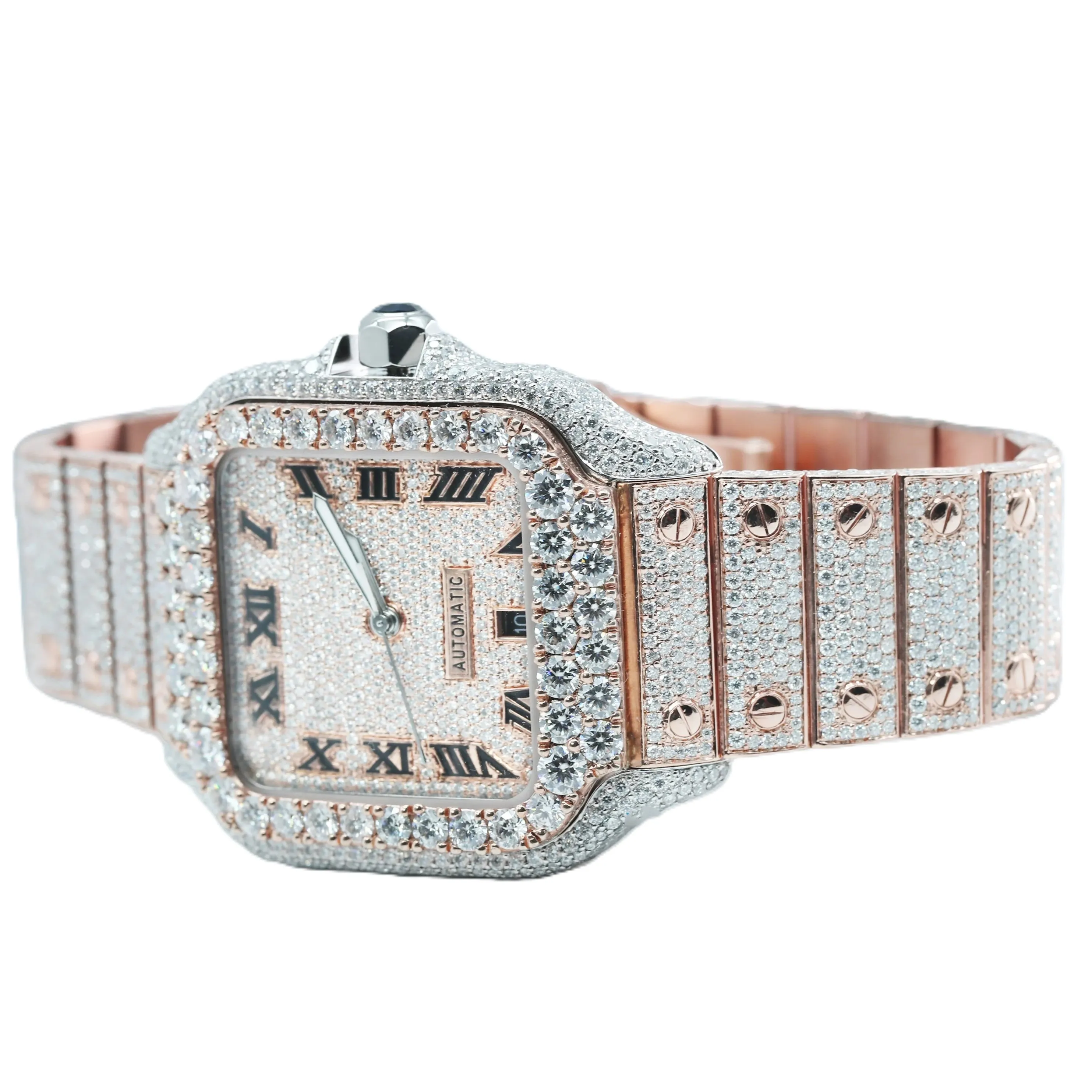 Rose Gold Plated Luxury Square Diamond Watch Men Quartz Movement Roman Stainless Steel Case Glass Crystal Eco-Friendly ETA