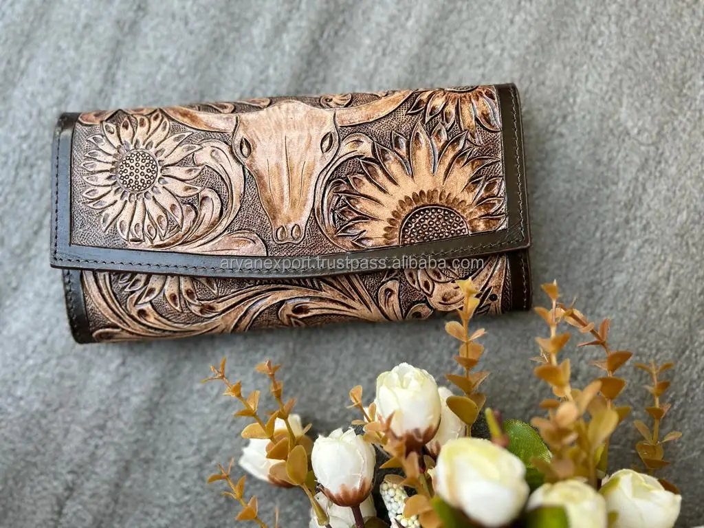 New Western Style Coloured Tooled Leather Clutch Women Designed Purse ...