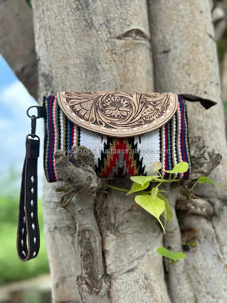 Aztec tan hand embroidered semi circle clutch bag for women
