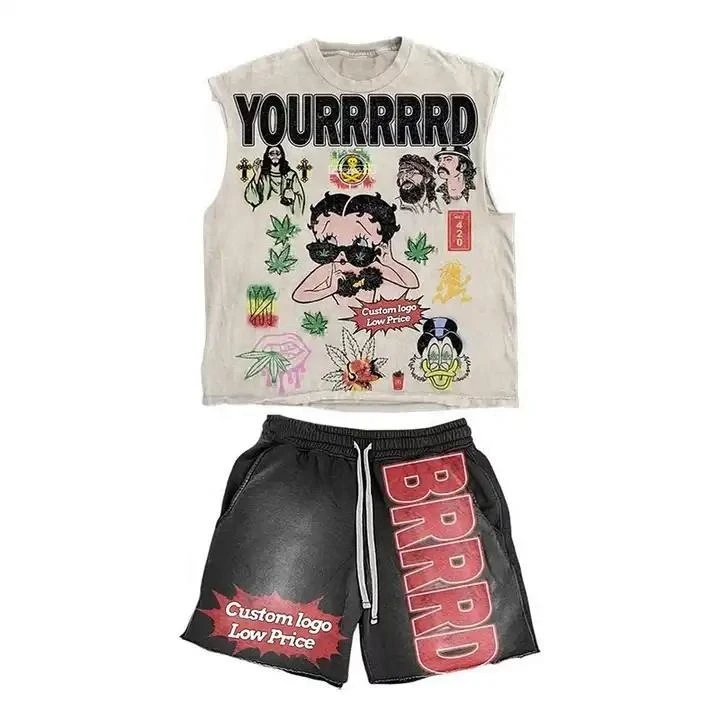Custom Wholesale OEM Service T Shirt Shorts Set Sleeve Less T Shirt Sun Faded Screen Screen Printing Street Style T Shirt Set