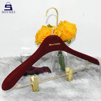 Clothes Burgundy Red Customized Display Gold logo Clips Coat Velvet Skirt Hangers