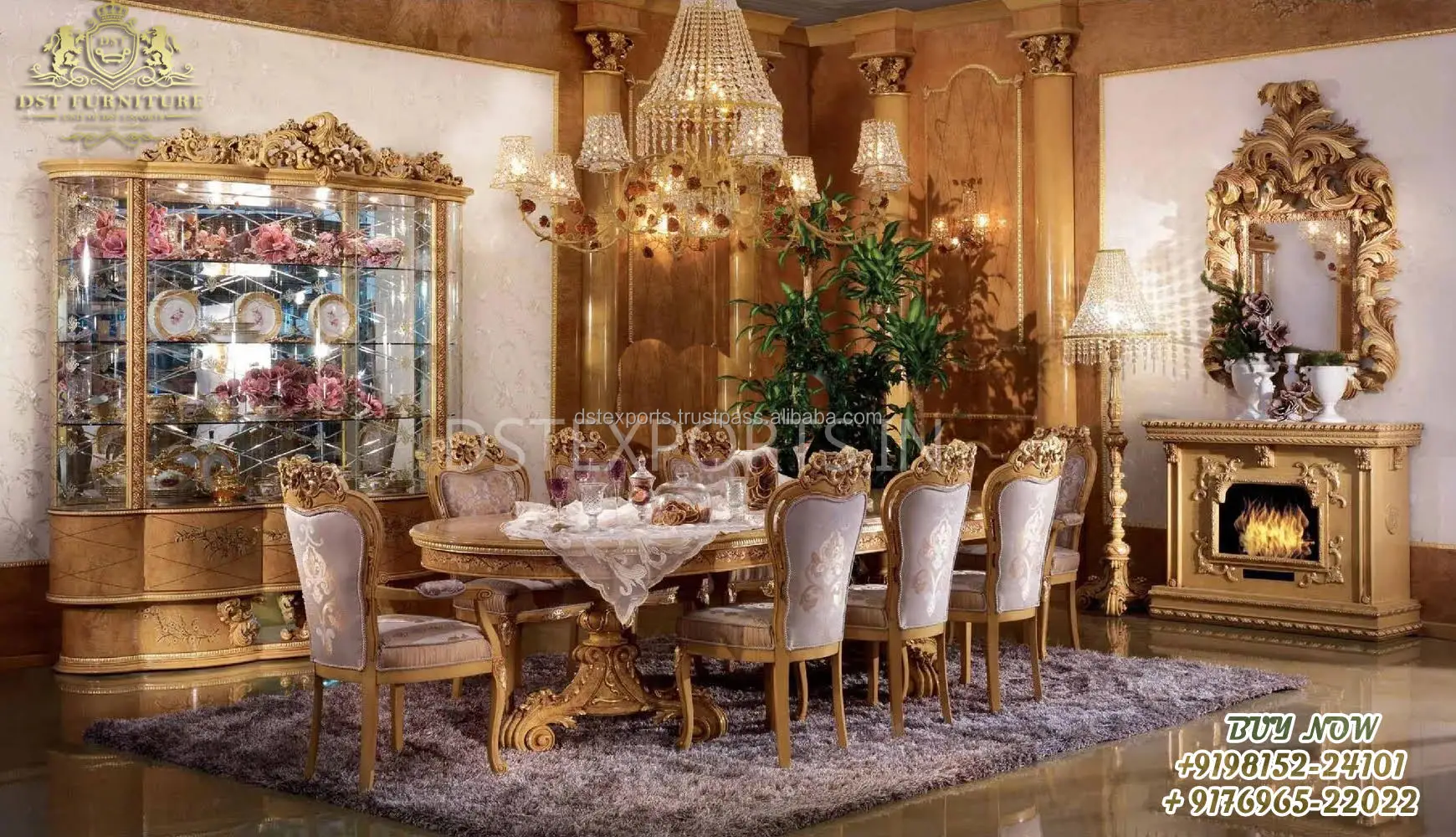 Mobiliario sala de jantar totalmente artesanal mesa de jantar real de madeira com cadeiras acabamento dourado conjunto de mesa de jantar Alibaba
