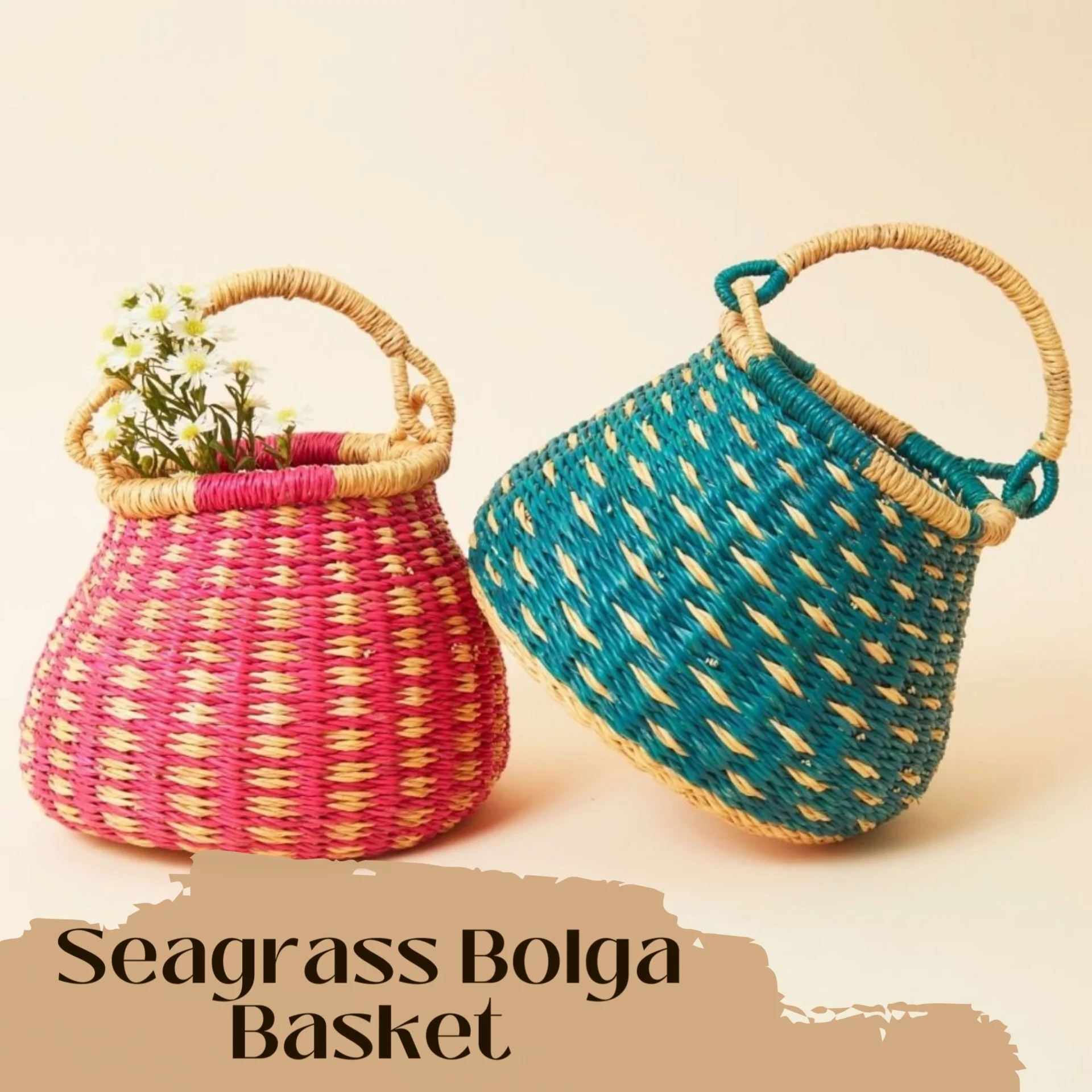 Handmade Round Bags African Seagrass Bolga Baskets Colorful Ghana Woven Baskets Africa Carry