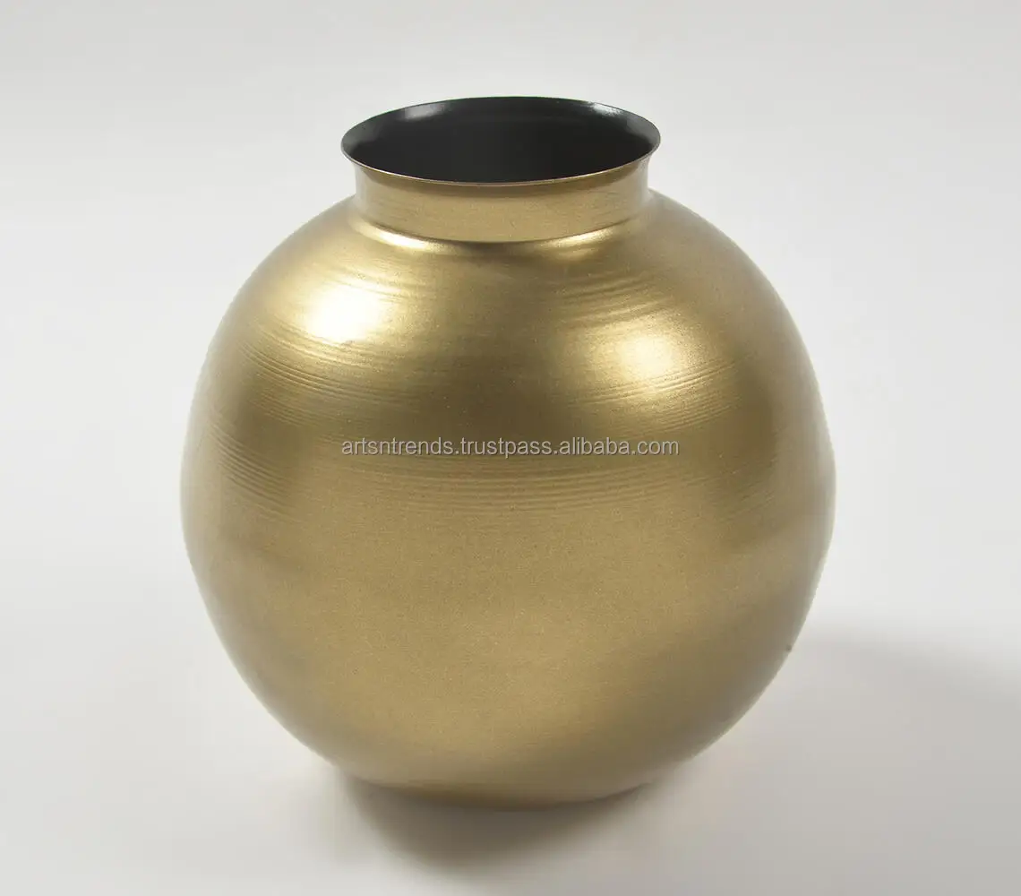 Lacquered Set Of 2 Gold Toned Iron Metal Round Vases Wholesaler
