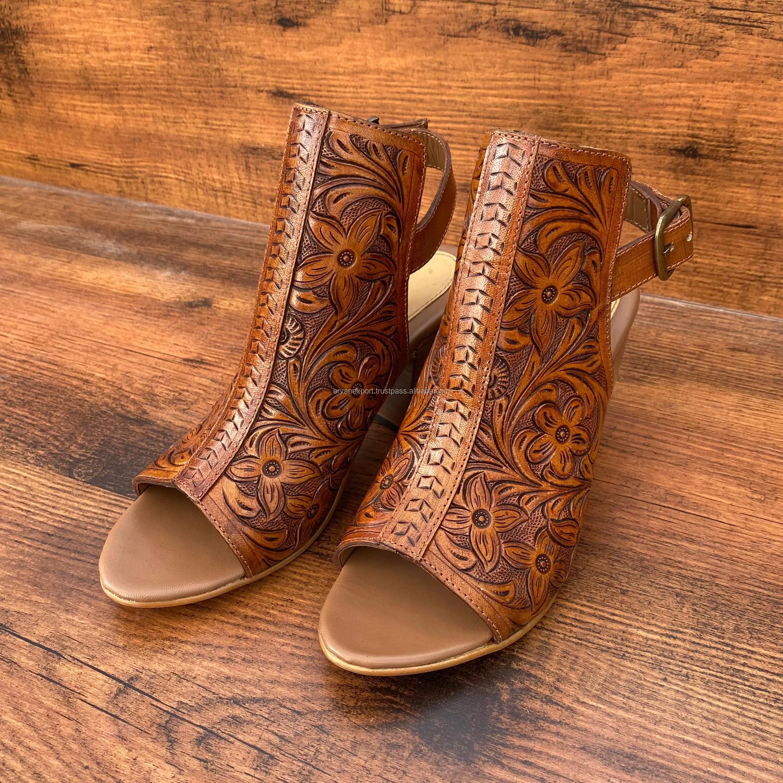 Newest Hand Tooled Leather Heels Sandals Dress Shoes High Heels Western Fashion Women Genuine Leather Wedges Wedding Prom Shoes