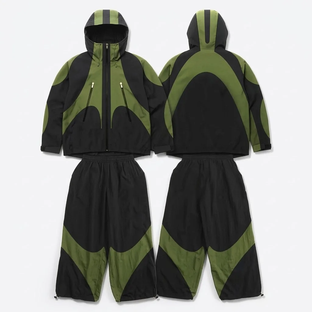 Custom Black & Olive Green Color Tracksuit Block Hooded Jacket with Wide Leg Cargo Pants Two Piece Set For Unisex Wear