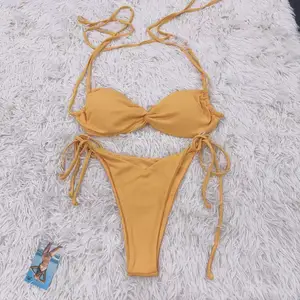 Wholesale Two-piece Halter&Lace up Swimming Suit Swimwear Women Sexy Yellow Bikini Set