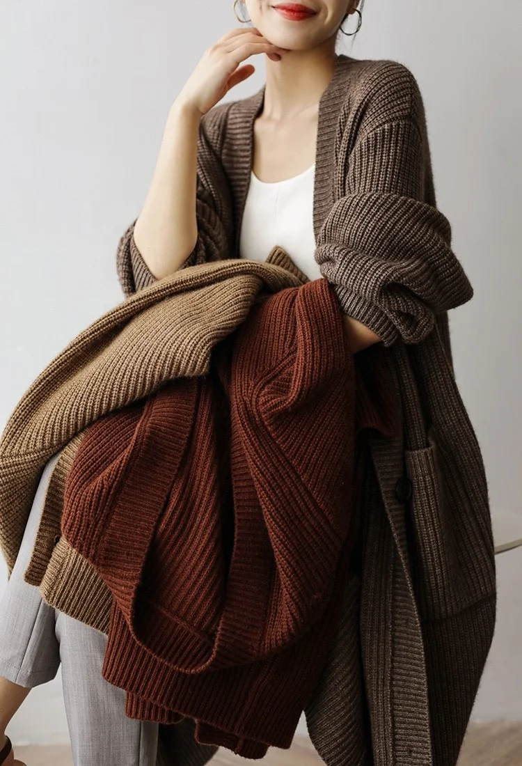New Ladies Oversize Winter Sweaters Cardigans Single Breasted Long Woolen Coats Big Pockets Solid Knitted Cardigan for Women