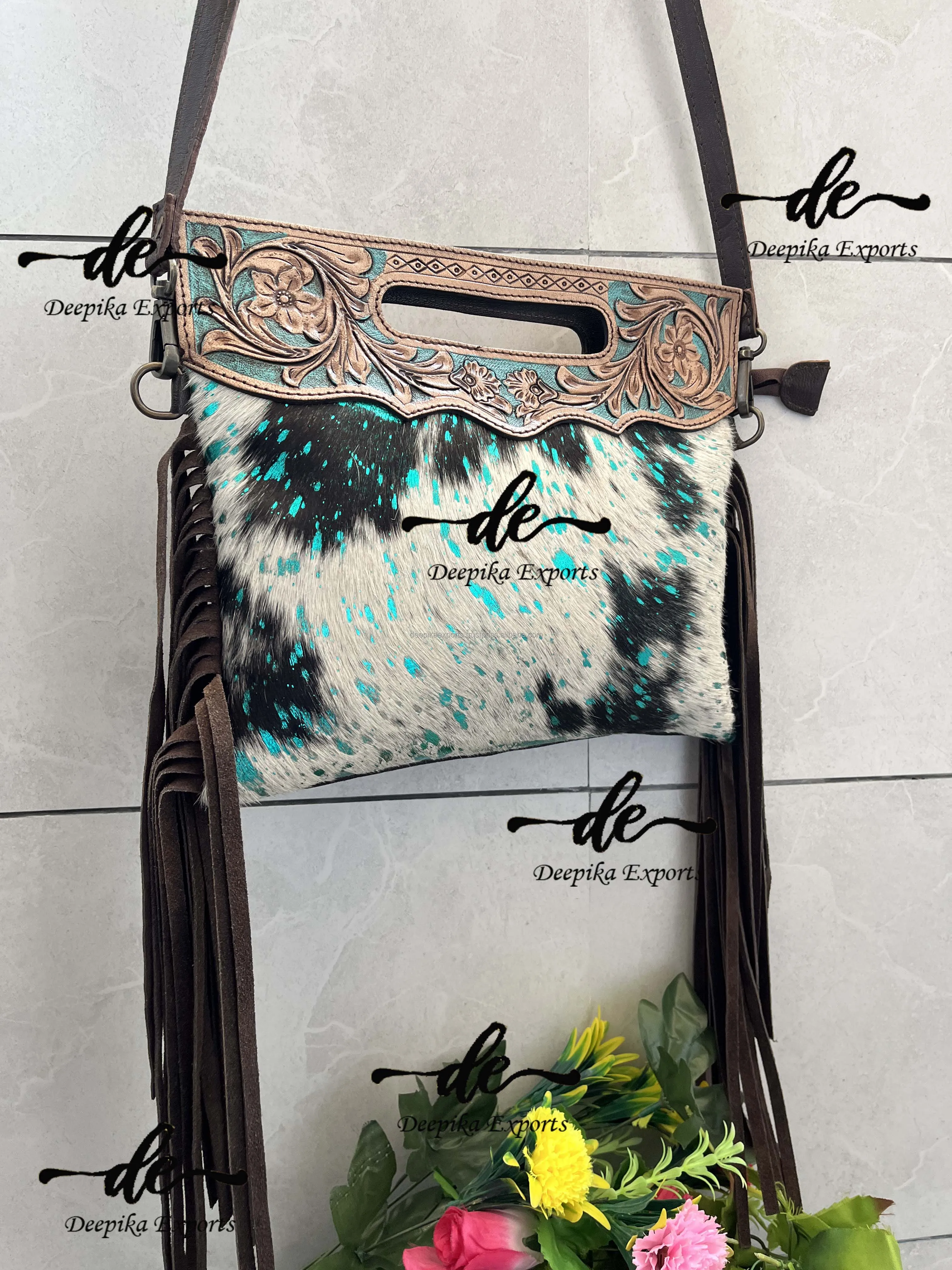 Metallic Fur Leather Fringe Handbag Hand Tooled Carving Sling Shopping