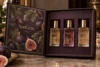 deep fig purple, warm ivory and antique gold