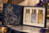 indigo blue, warm ivory and brushed champagne