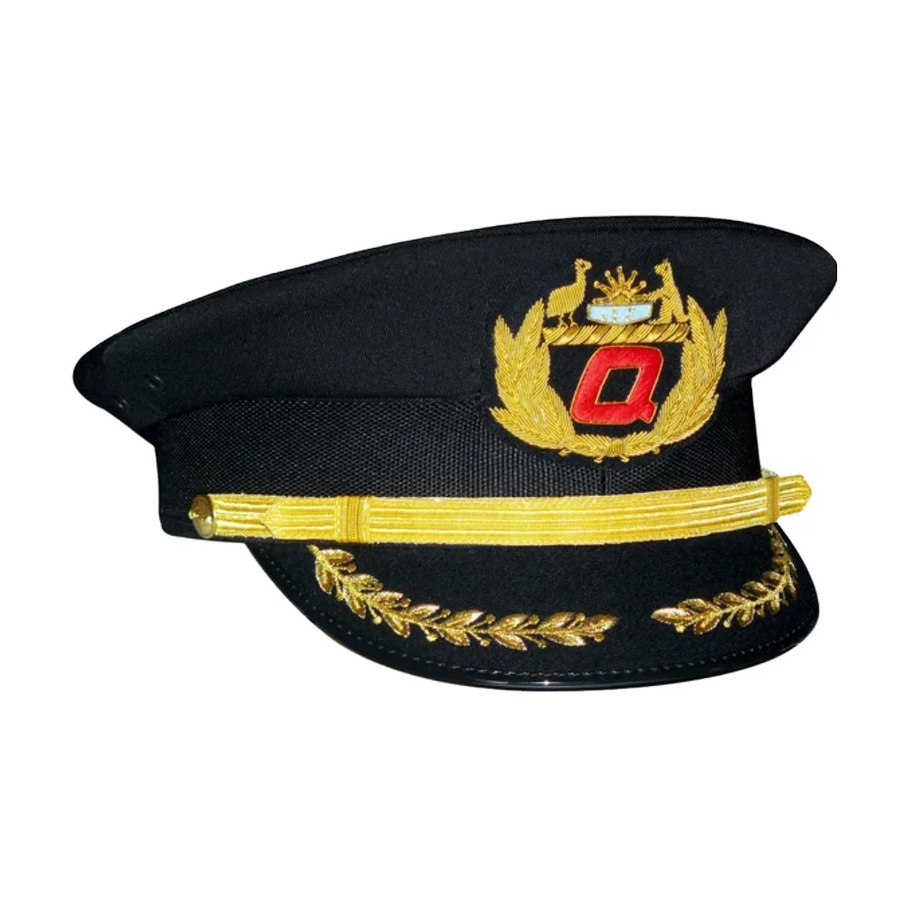 Hand Embroidery Cap Badge Patch with Double Bullion Embroidered Visor Peak Caps in Custom Colors Sizes Custom Beret Cap Badges