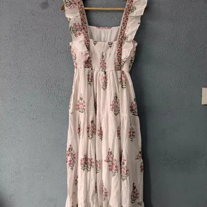 Hand Block Printed Maxi Dress for Summer Breathable Cotton Floral Print Handmade Woven Waistline Square Collar Long Maxi Dress