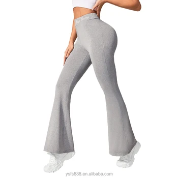 Women's Gray High Waist  Yoga Flare Pants polyester Fabric Tummy Control Workout Flare Leggings