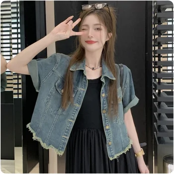 2024 spring vintage design short denim jacket women's high-waisted girls casual jackets high quality fashion clothing for women